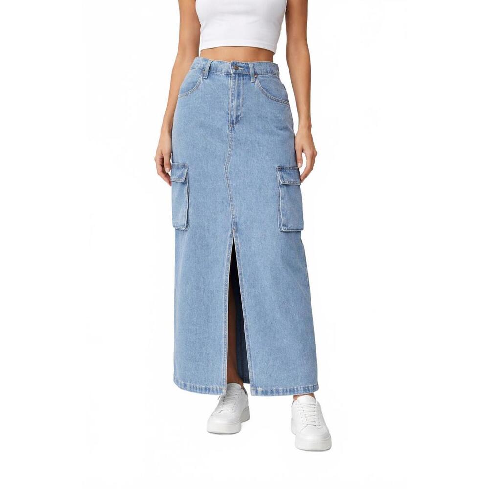 Sincerely Jules Cotton Denim Maxi Skirt Women 11/29 blue retro cargo Pocket Y2K